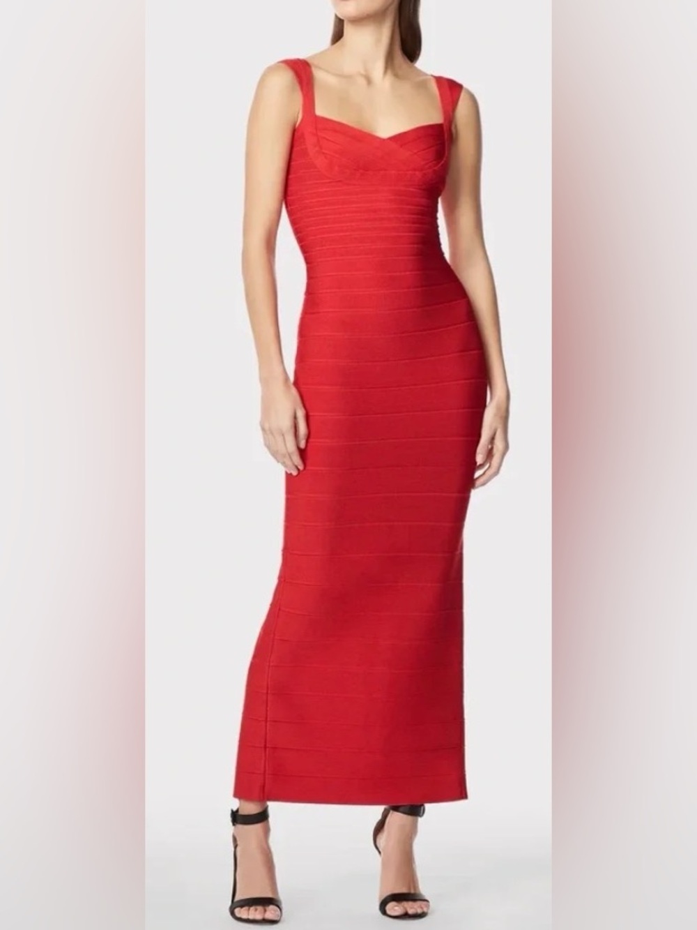 HERVE LEGER Sweetheart-Neckline Banded Sheath Gown Coral Poppy NWT